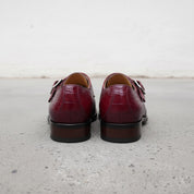 Men's Burgundy Crocodile-Embossed Leather Plain-Toe Monk Strap Shoes — Huntley