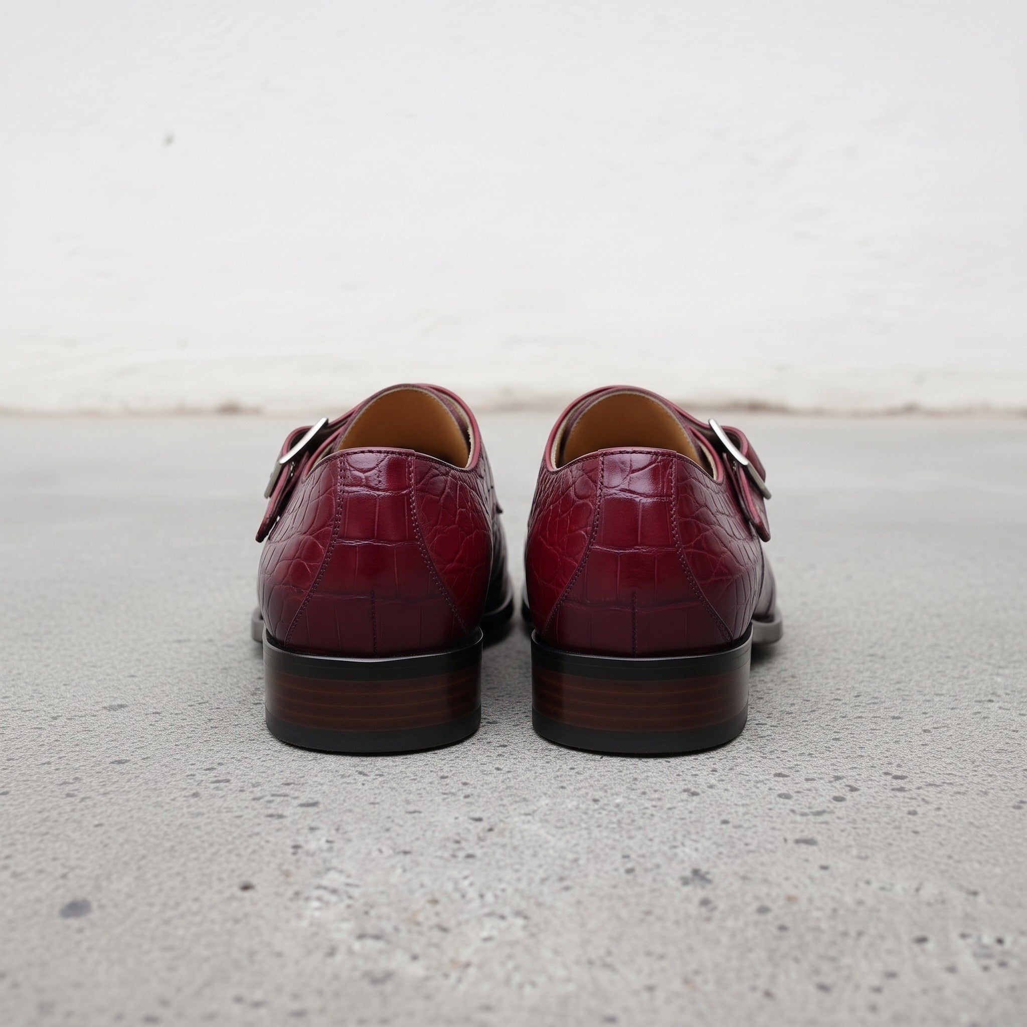 Men's Burgundy Crocodile-Embossed Leather Plain-Toe Monk Strap Shoes — Huntley