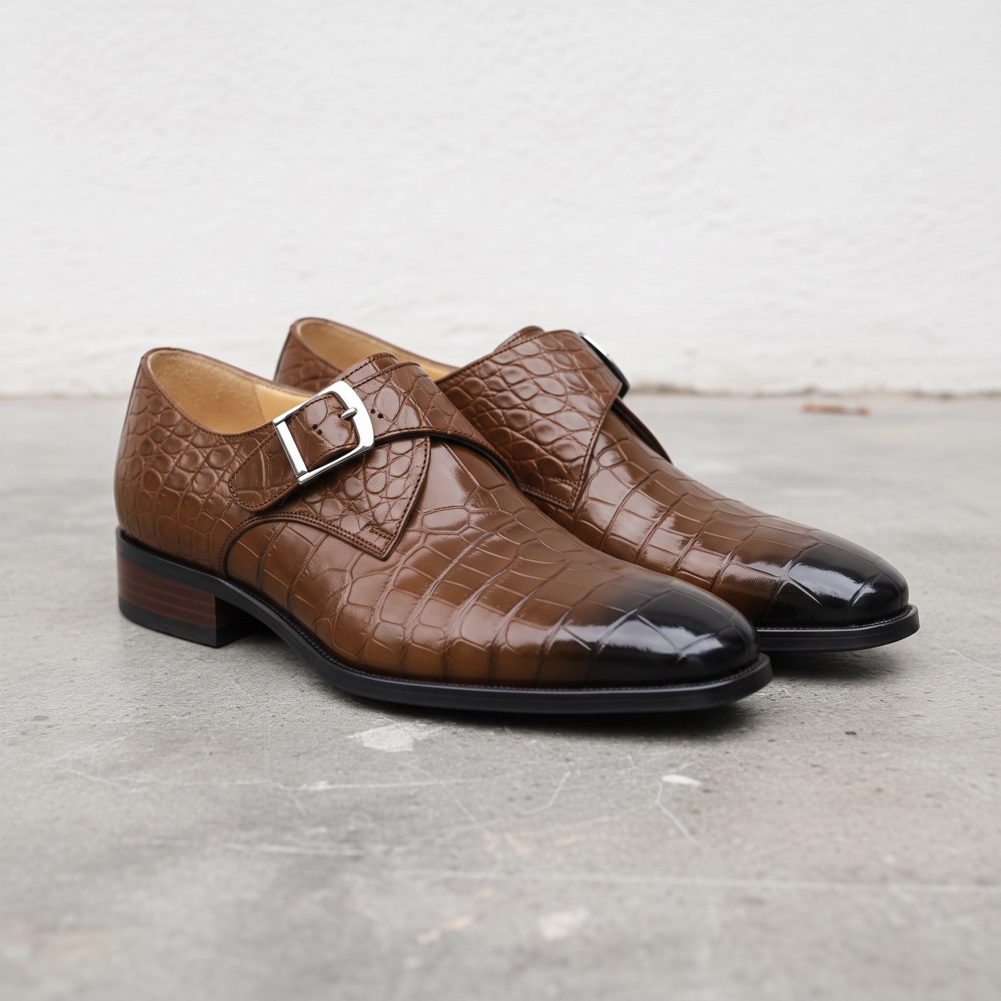 Men's Brown Crocodile-Embossed Leather Plain-Toe Monk Strap Shoes — Huntley