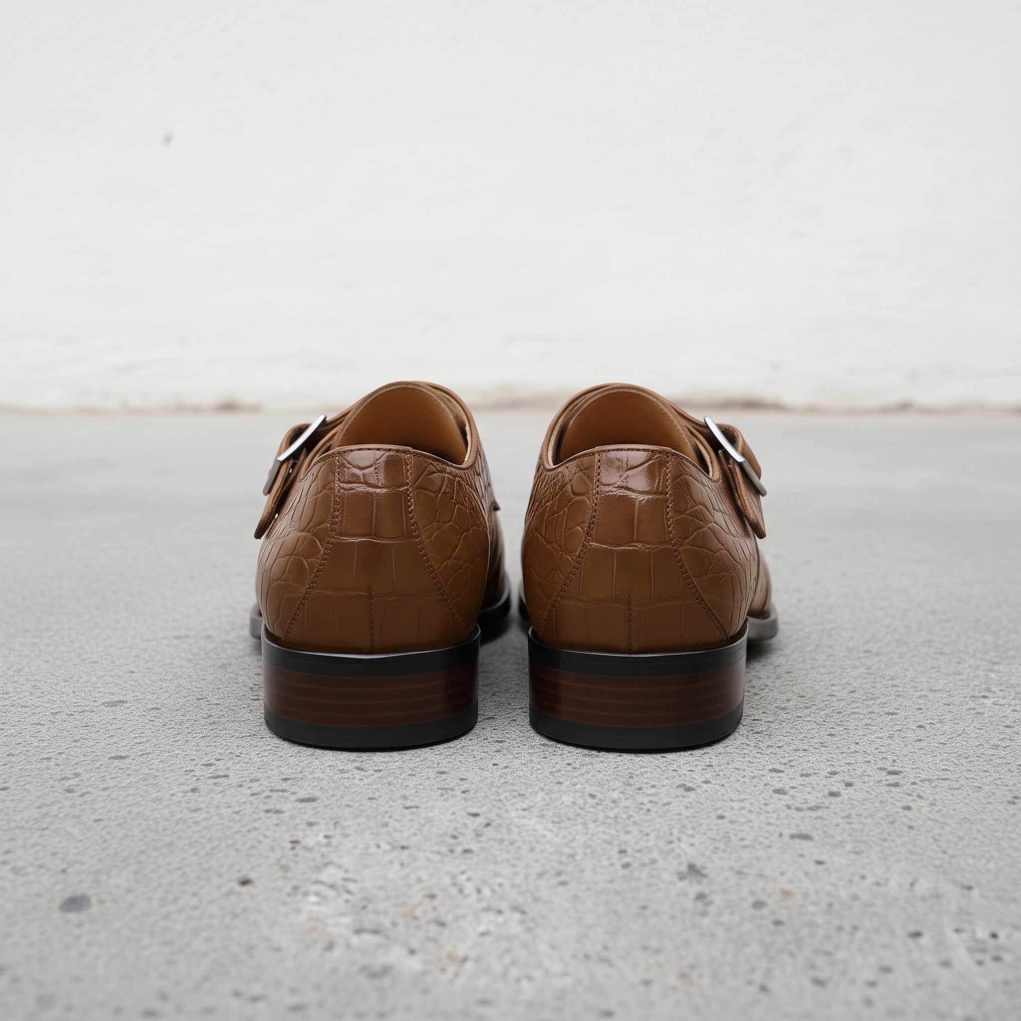 Men's Brown Crocodile-Embossed Leather Plain-Toe Monk Strap Shoes — Huntley