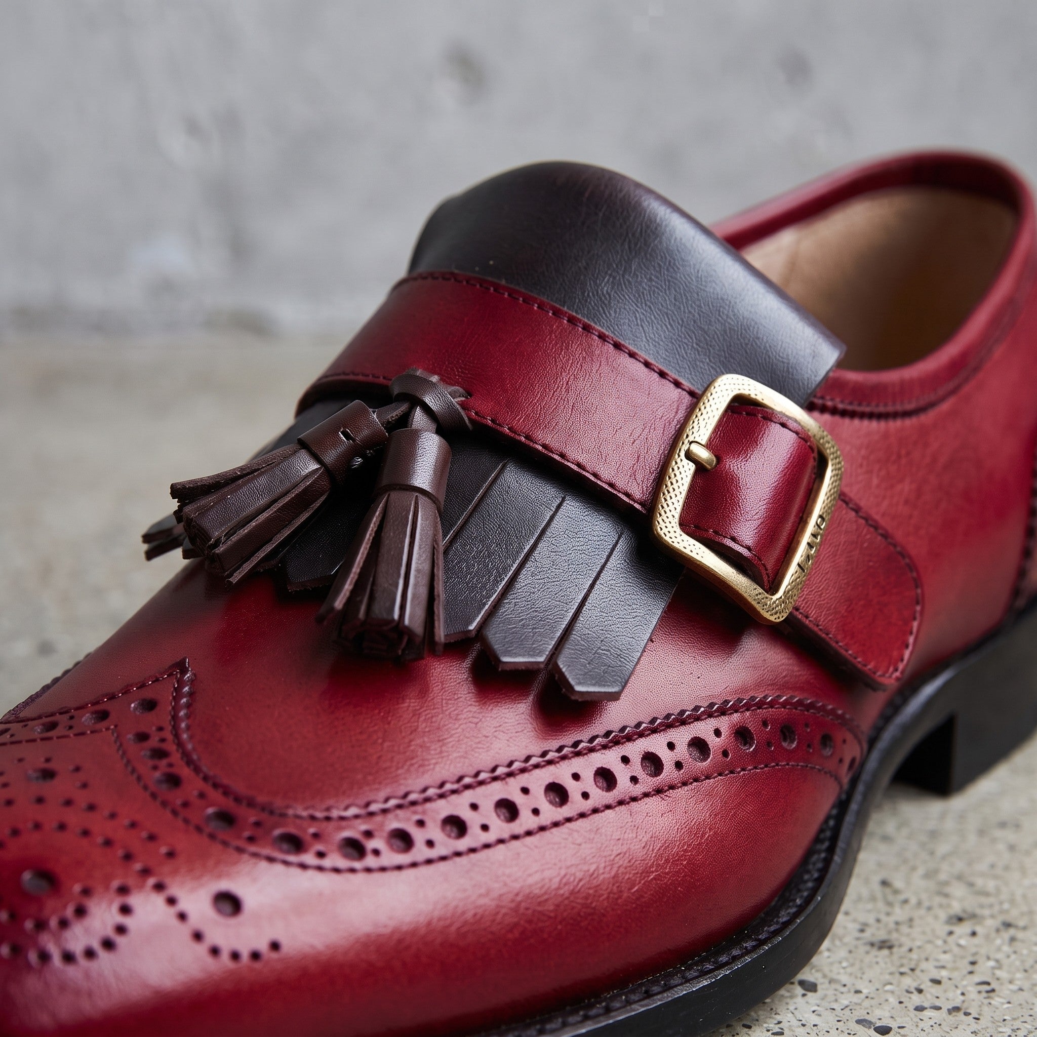 Men's Burgundy and Dark Brown Wingtip Leather Monk Strap Shoes — Maxwell