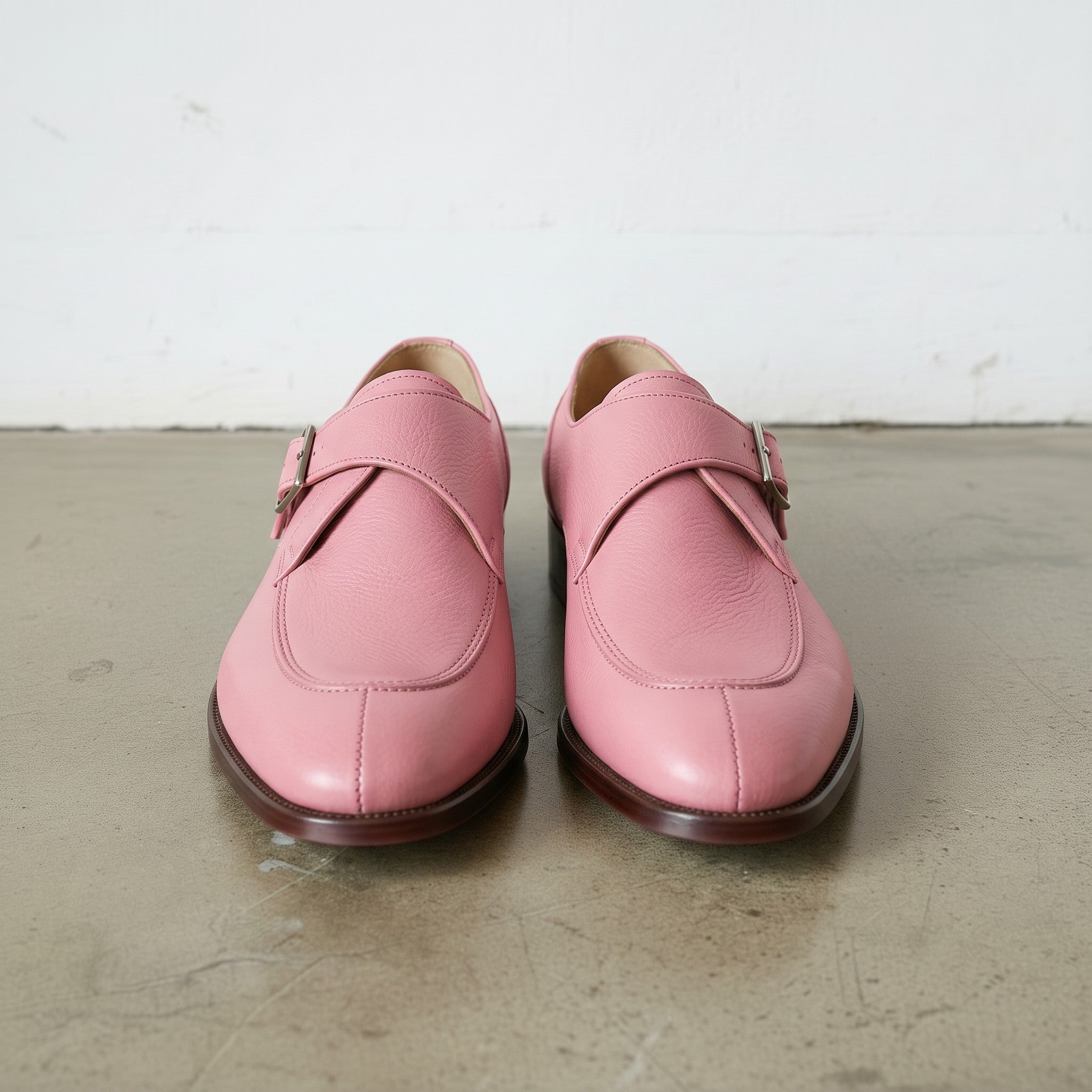 Men's Rose Pink Apron-Toe Leather Monk Strap Shoes — Beynon