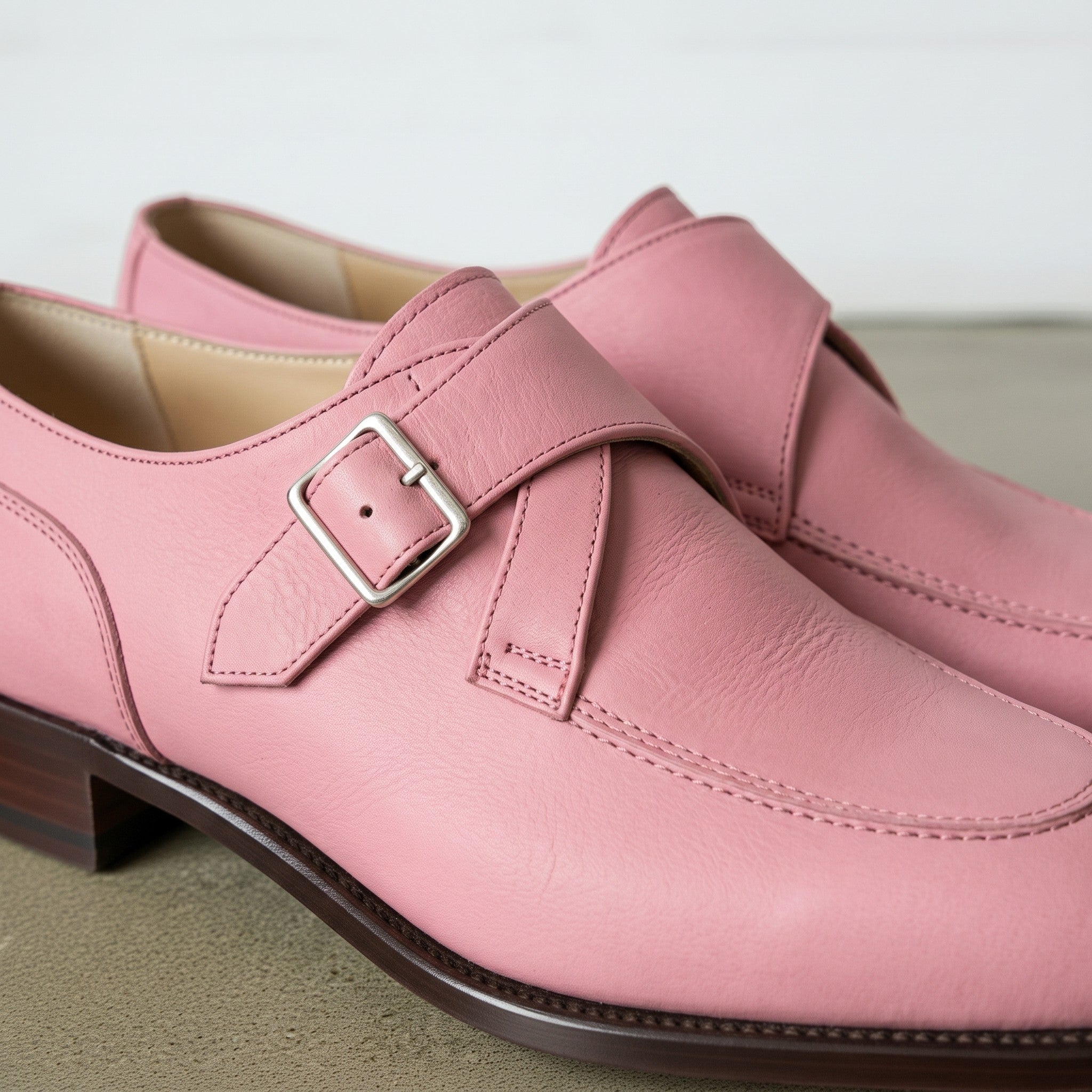 Men's Rose Pink Apron-Toe Leather Monk Strap Shoes — Beynon