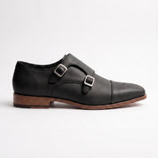 Men's Black Cap-Toe Leather Double Monk Strap Shoes — Ardleigh