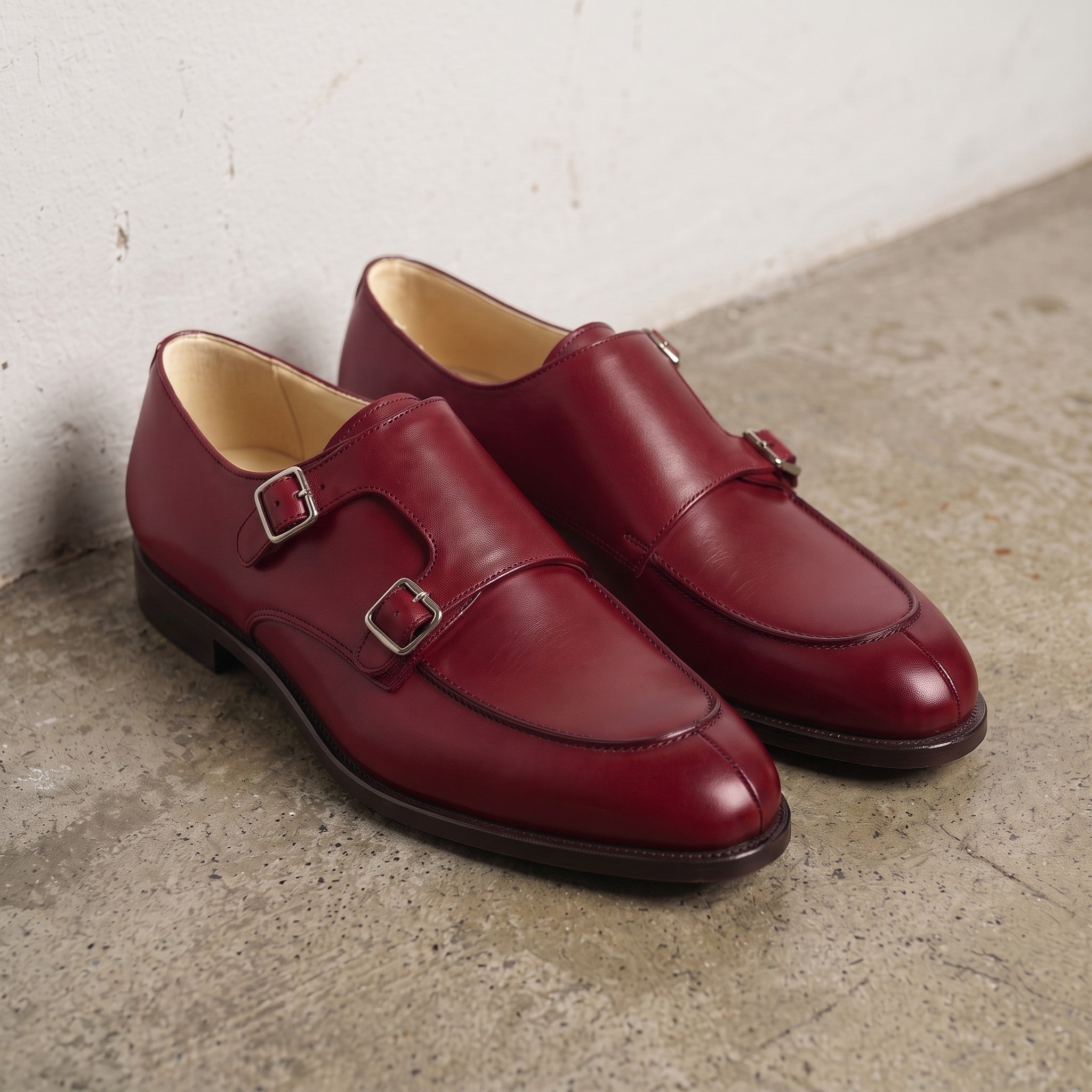 Men's Burgundy Apron-Toe Leather Double Monk Strap Shoes — Hawkins