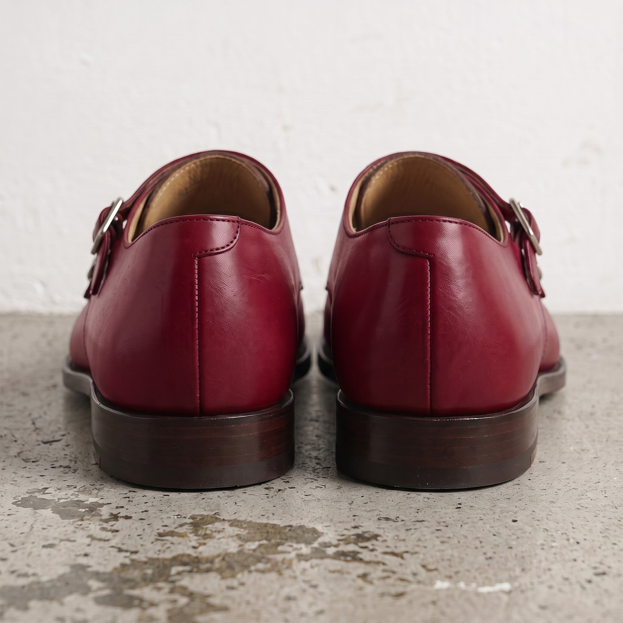 Men's Burgundy Apron-Toe Leather Double Monk Strap Shoes — Hawkins