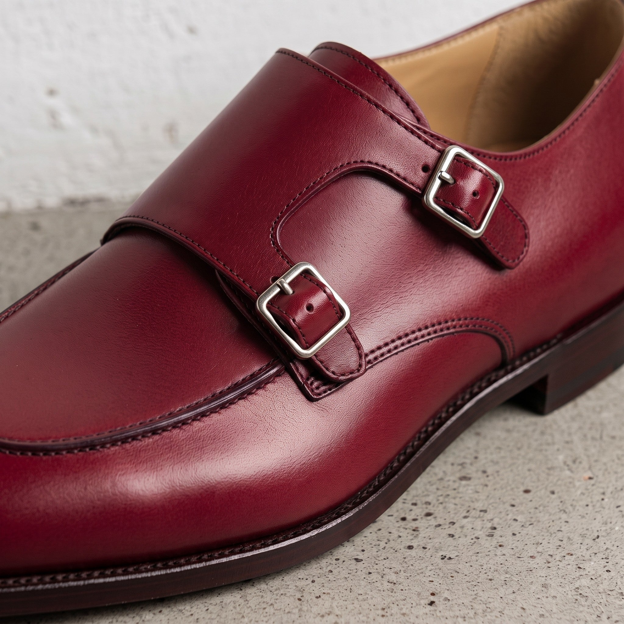 Men's Burgundy Apron-Toe Leather Double Monk Strap Shoes — Hawkins