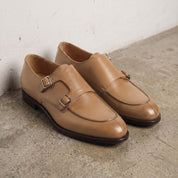 Men's Tan Apron-Toe Leather Double Monk Strap Shoes — Hawkins