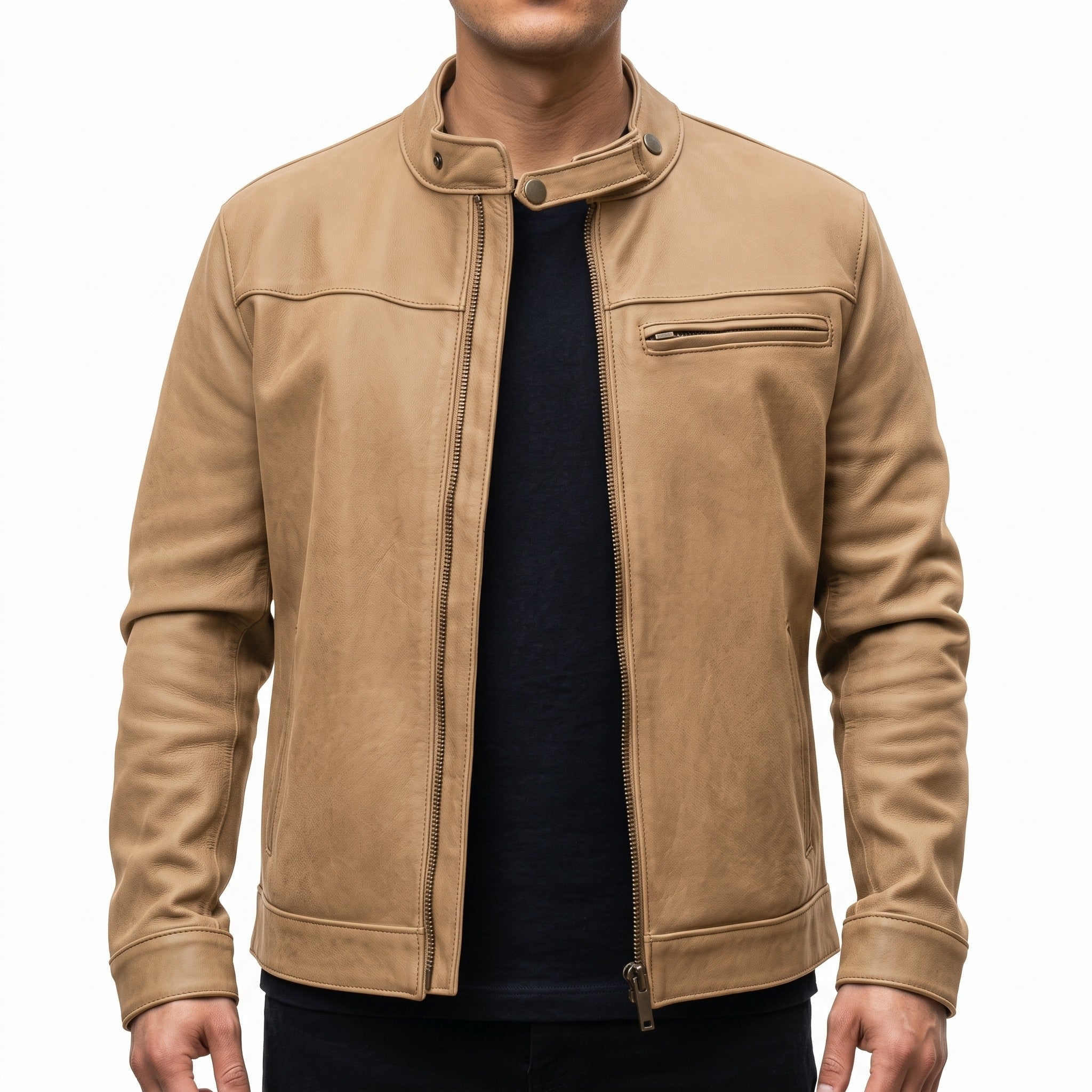 Men's Tan Leather Cafe Racer Biker Jacket — Hatton