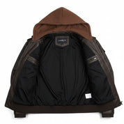 Men's Dark Brown Hooded Leather Bomber Jacket — Tindall