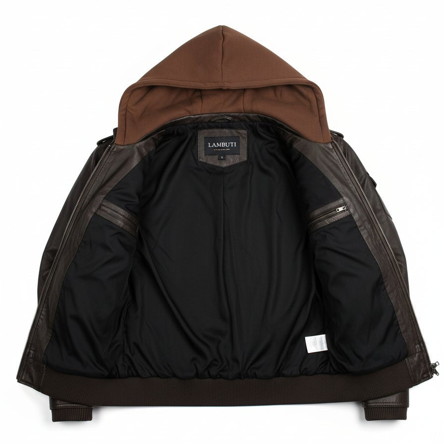 Men's Dark Brown Hooded Leather Bomber Jacket — Tindall