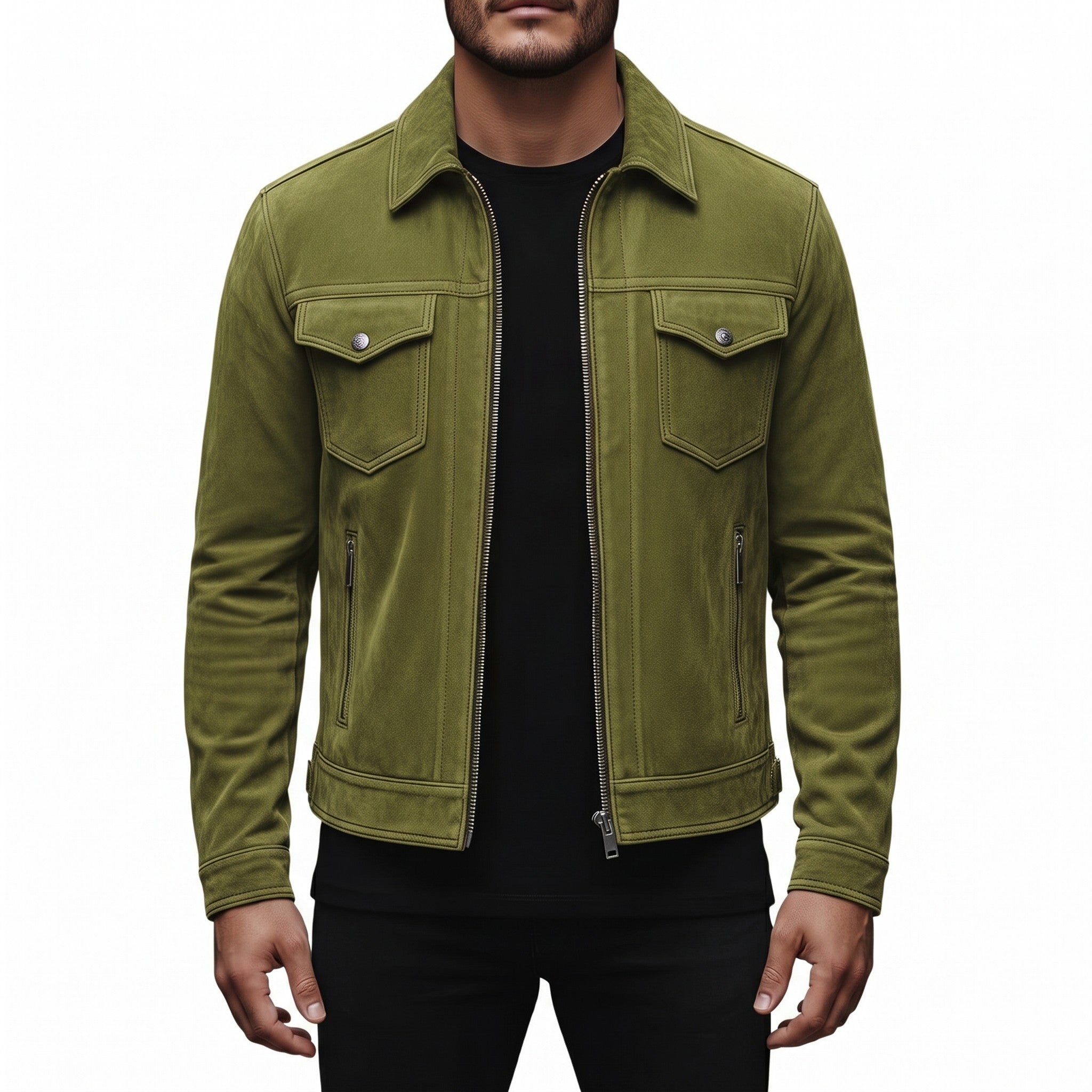 Men's Olive Green Suede Trucker Jacket — Ward