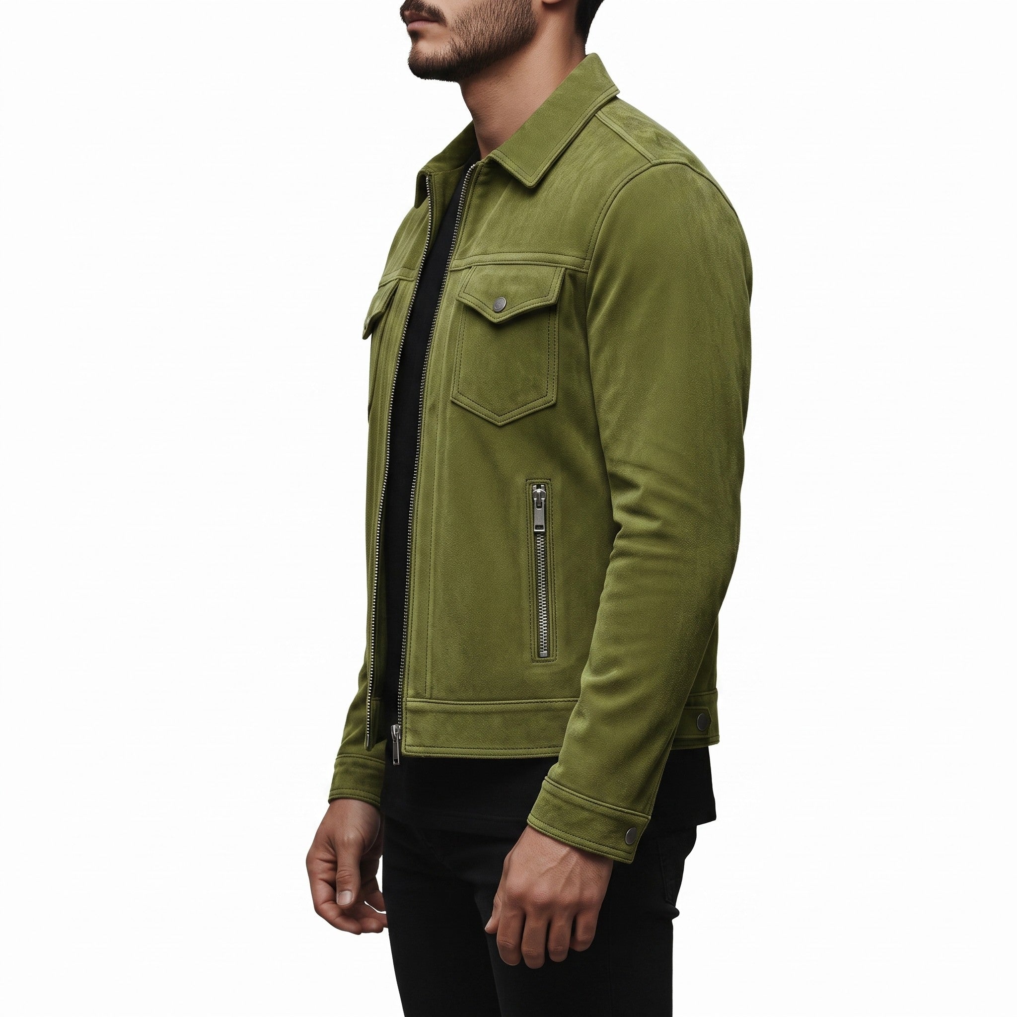 Men's Olive Green Suede Trucker Jacket — Ward