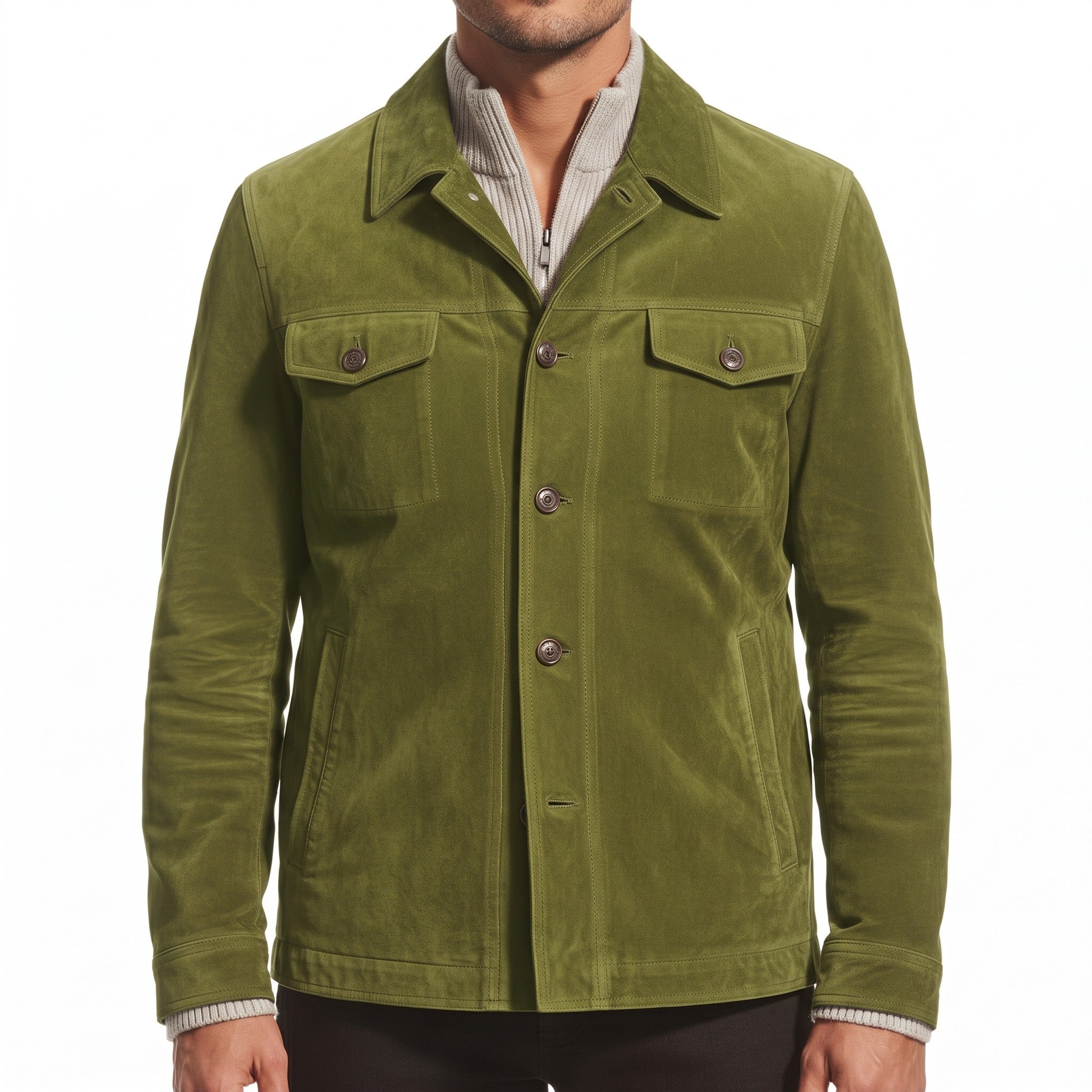 Men's Olive Green Suede Trucker Jacket — Barham