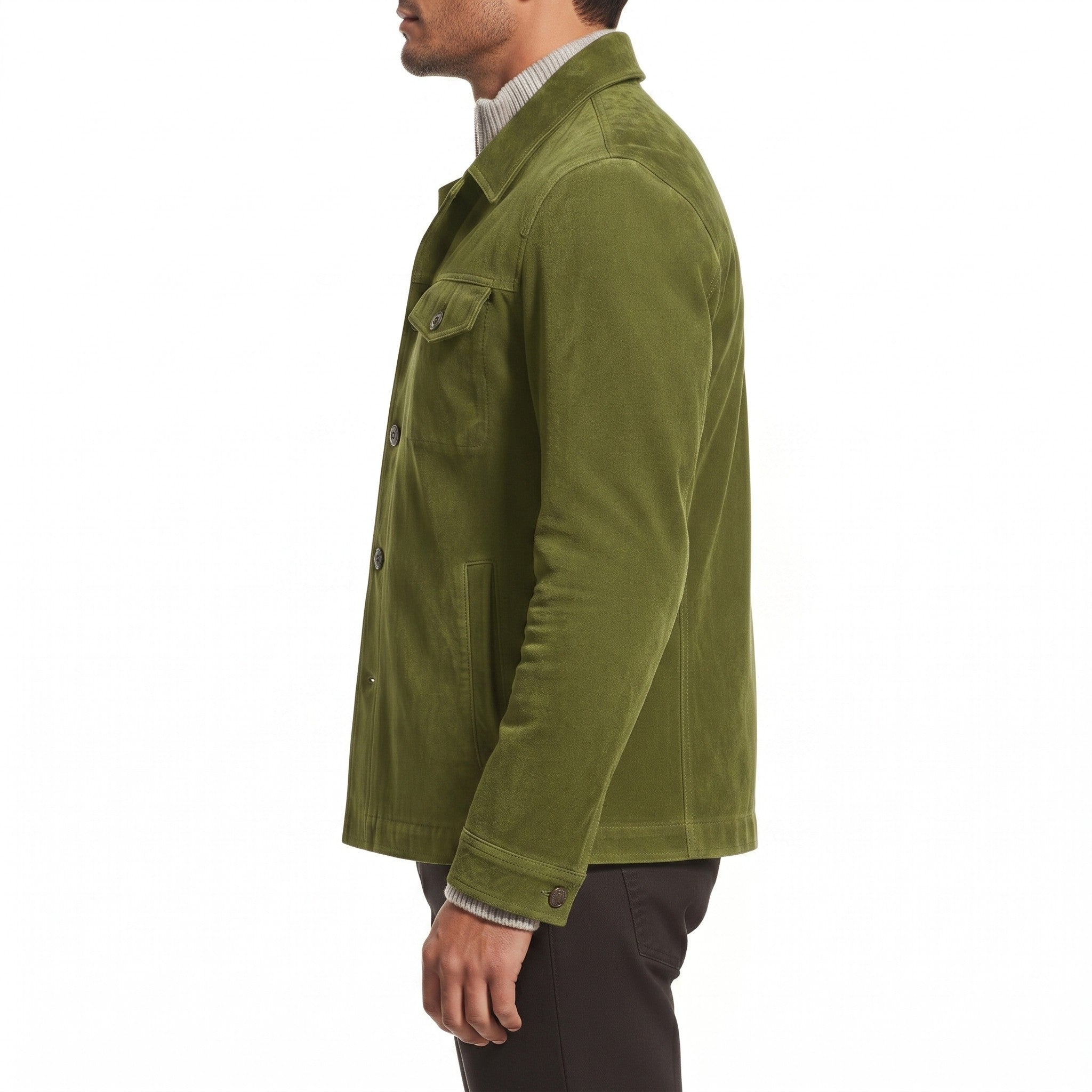 Men's Olive Green Suede Trucker Jacket — Barham