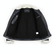 Men's Dark Blue Pebbled Leather Shearling-Lined B-3 Bomber Jacket — Cromer
