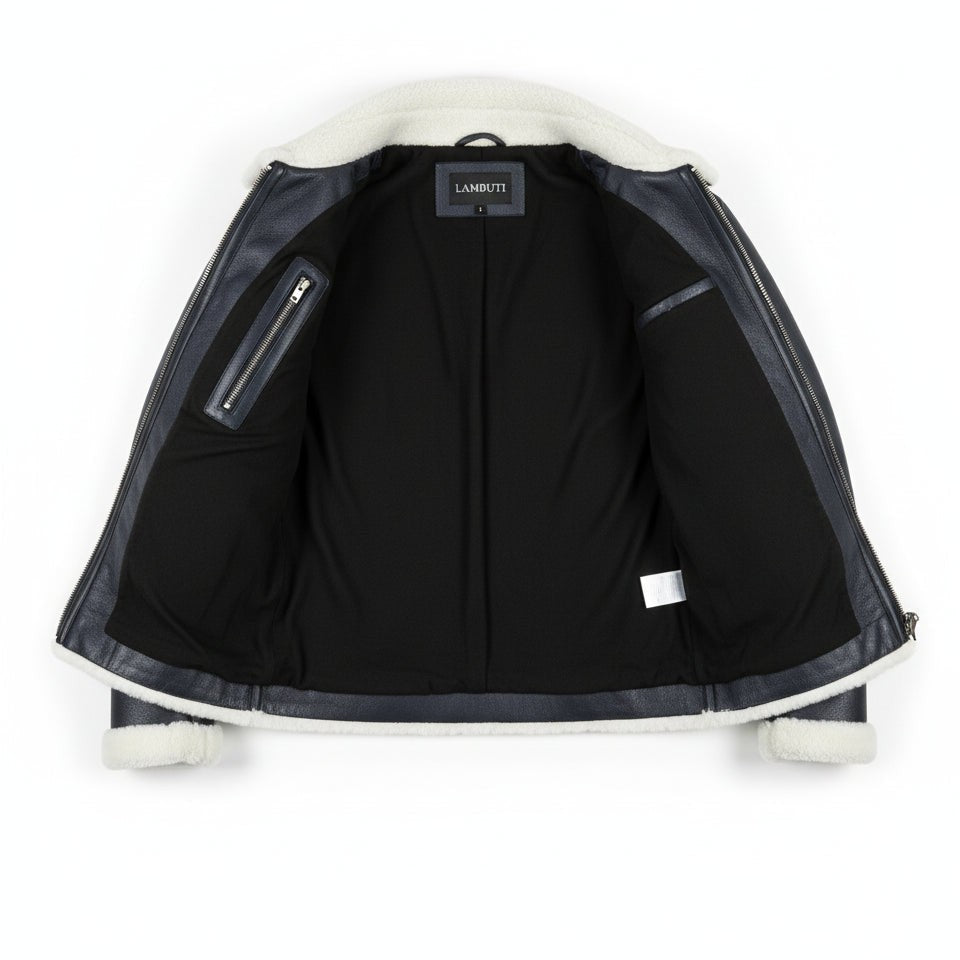 Men's Dark Blue Pebbled Leather Shearling-Lined B-3 Bomber Jacket — Cromer