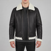Men's Black Pebbled Leather Shearling-Lined B-3 Bomber Jacket — Cromer
