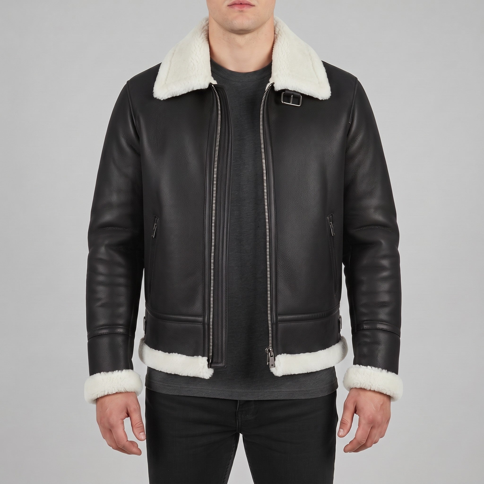 Men's Black Pebbled Leather Shearling-Lined B-3 Bomber Jacket — Cromer