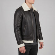 Men's Black Pebbled Leather Shearling-Lined B-3 Bomber Jacket — Cromer