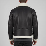 Men's Black Pebbled Leather Shearling-Lined B-3 Bomber Jacket — Cromer