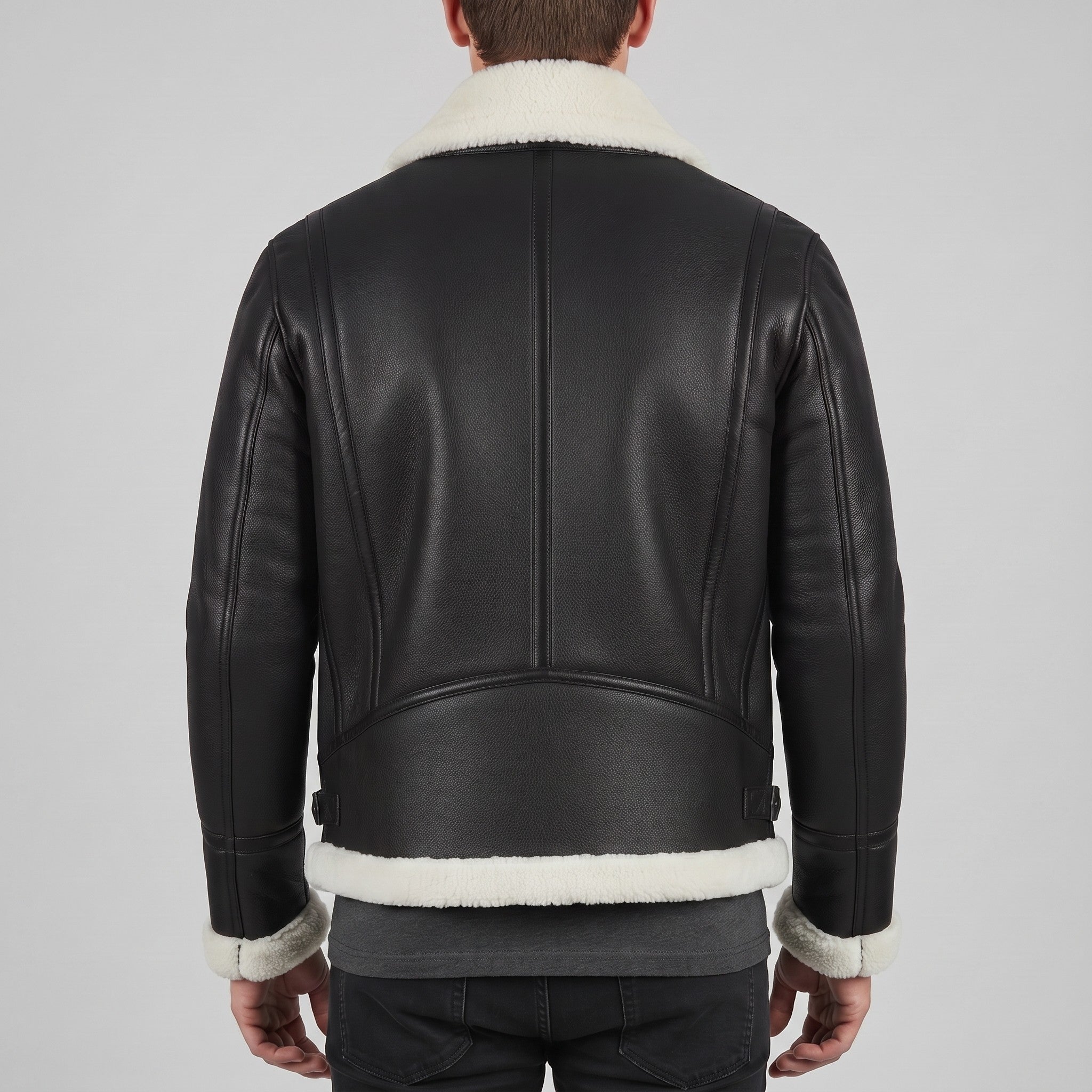 Men's Black Pebbled Leather Shearling-Lined B-3 Bomber Jacket — Cromer