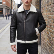 Men's Black Pebbled Leather Shearling-Lined B-3 Bomber Jacket — Cromer