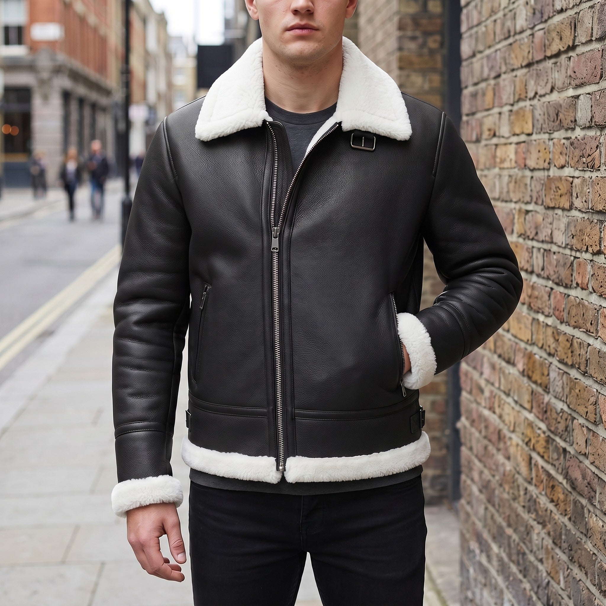 Men's Black Pebbled Leather Shearling-Lined B-3 Bomber Jacket — Cromer