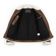 Men's Brown Pebbled Leather Shearling-Lined B-3 Bomber Jacket — Cromer
