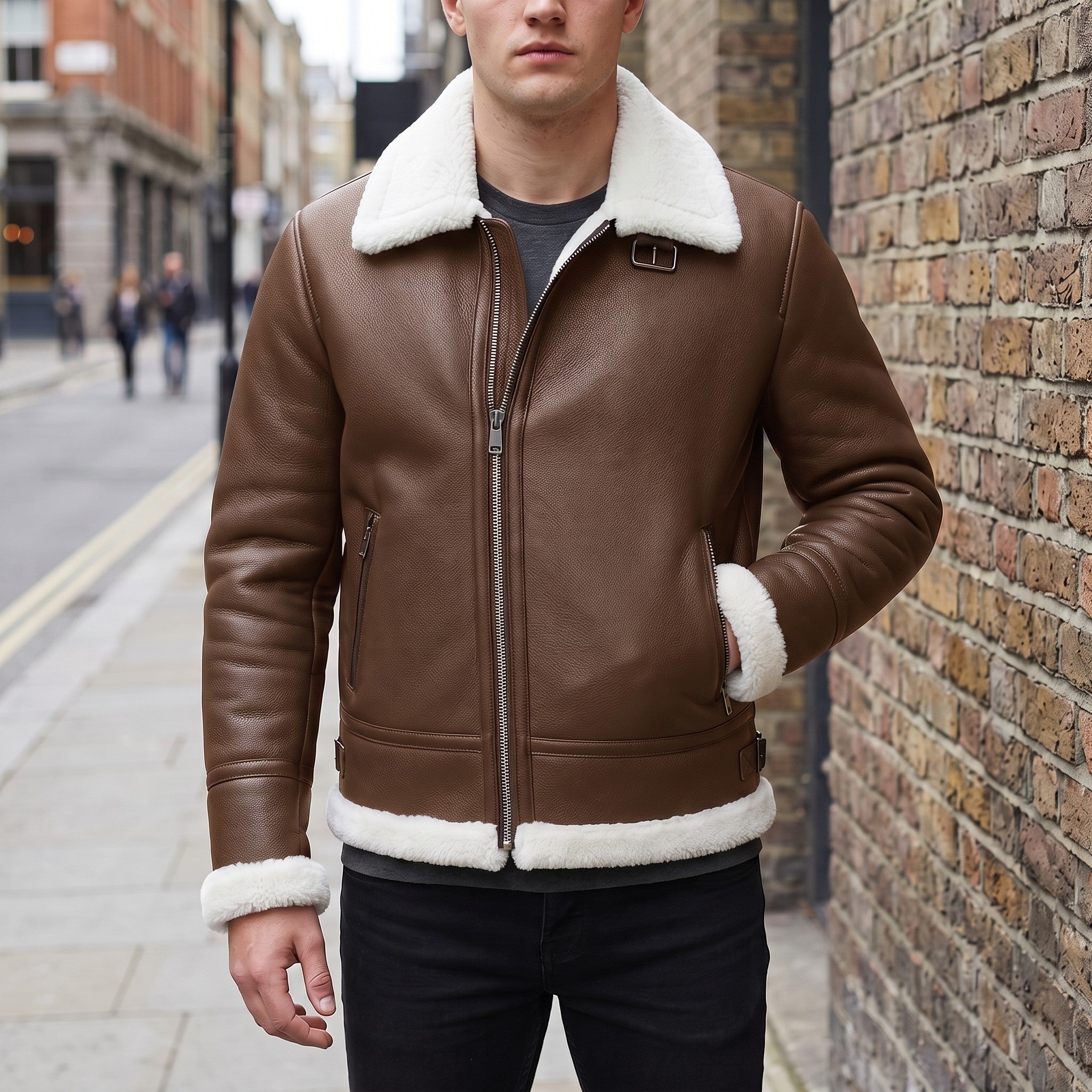 Men's Brown Pebbled Leather Shearling-Lined B-3 Bomber Jacket — Cromer