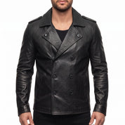 Men's Black Leather Pea Coat — Rowley
