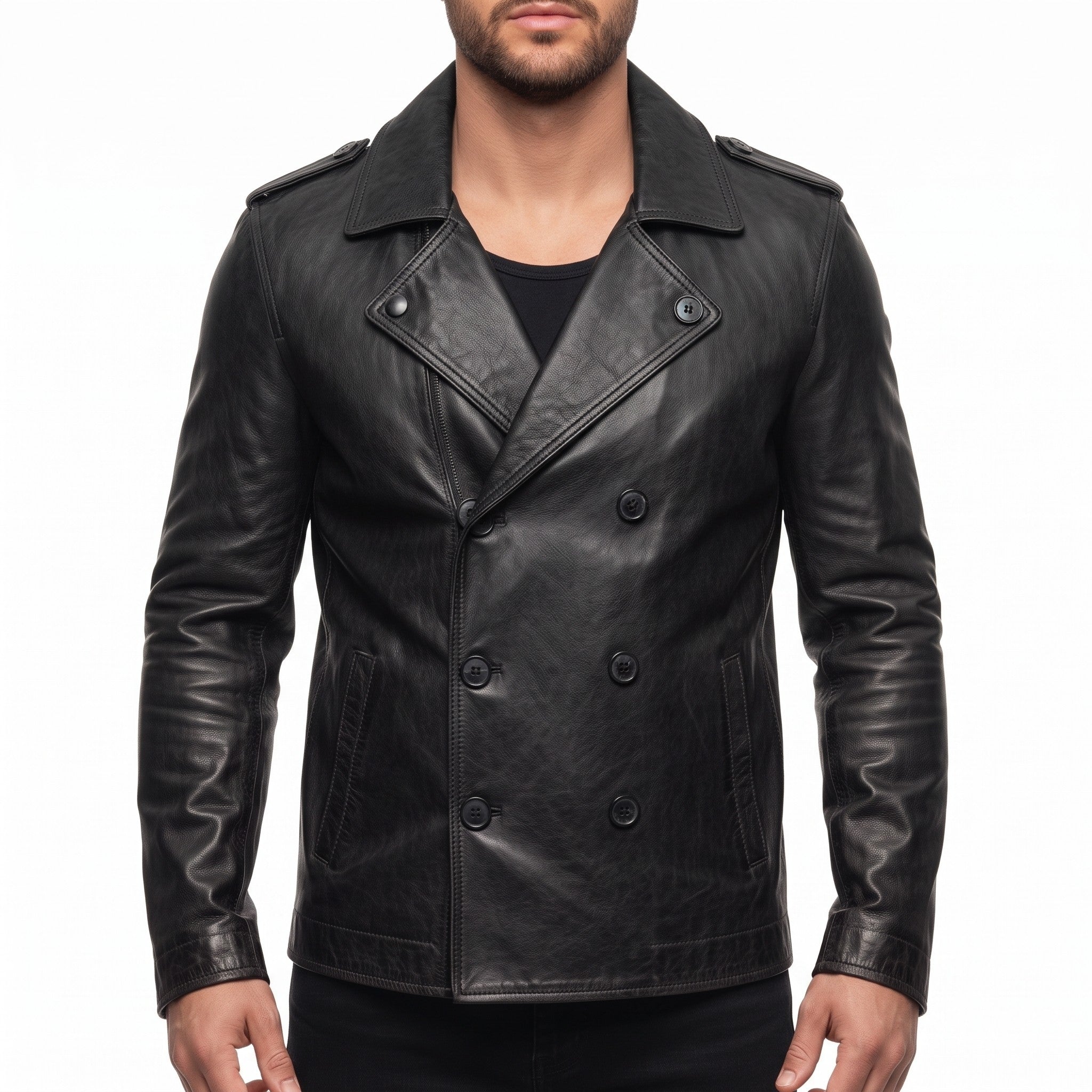 Men's Black Leather Pea Coat — Rowley