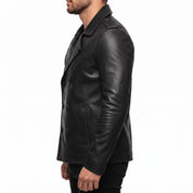 Men's Black Leather Pea Coat — Rowley