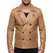 Men's Tan Leather Pea Coat — Rowley