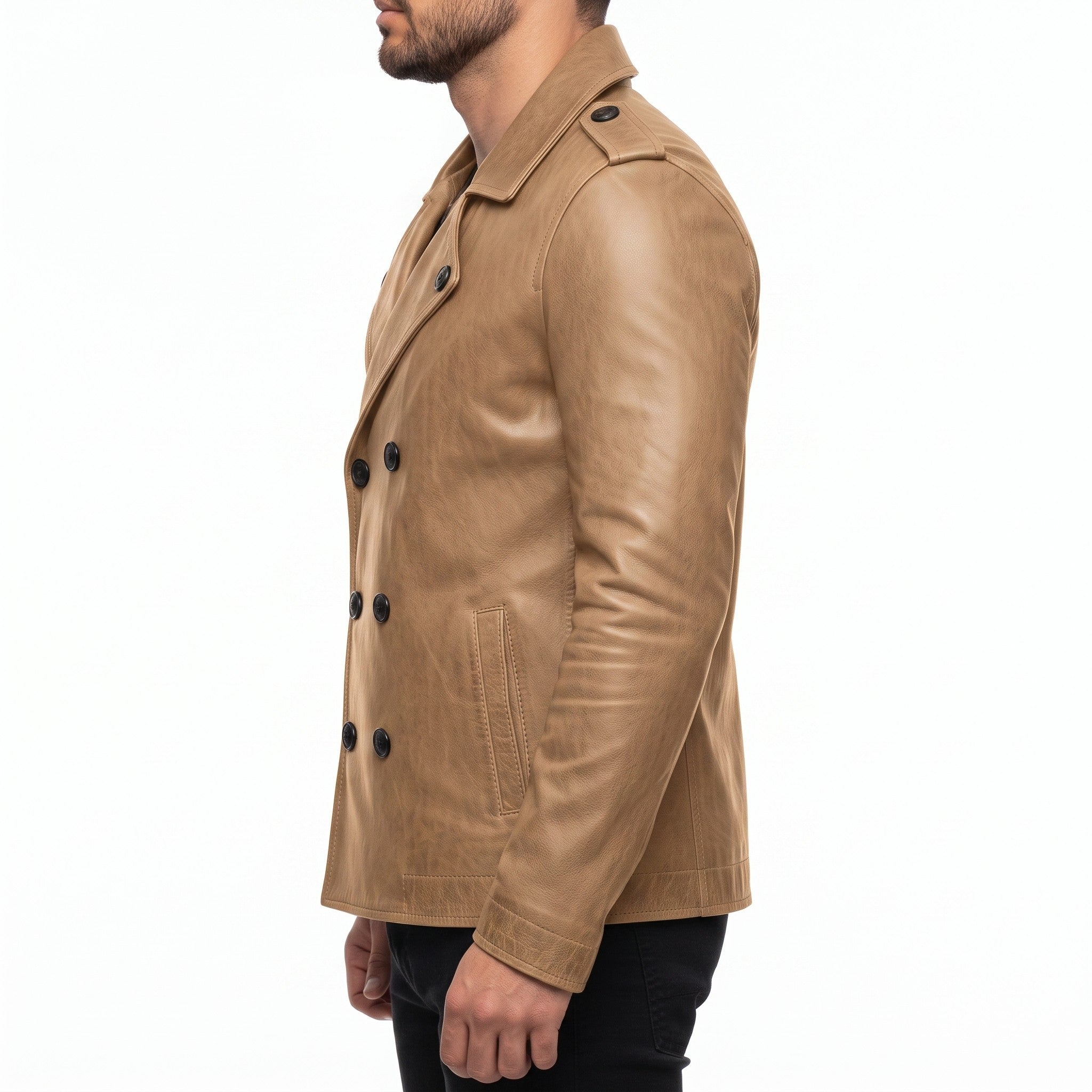 Men's Tan Leather Pea Coat — Rowley