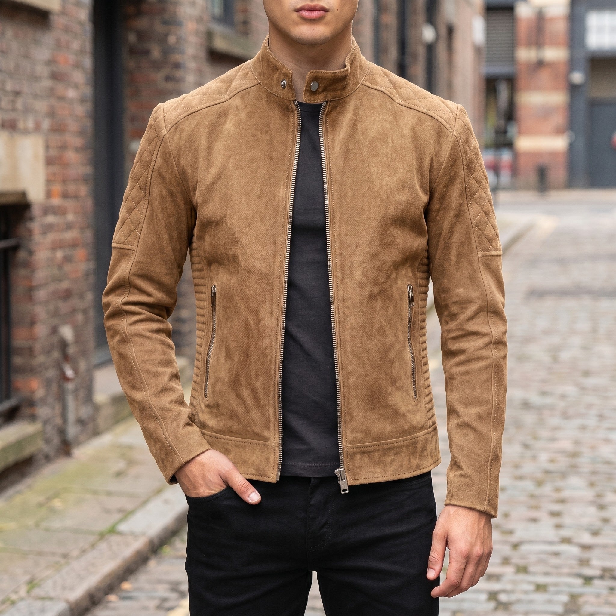 Men's Tan Suede Cafe Racer Jacket — Gullane