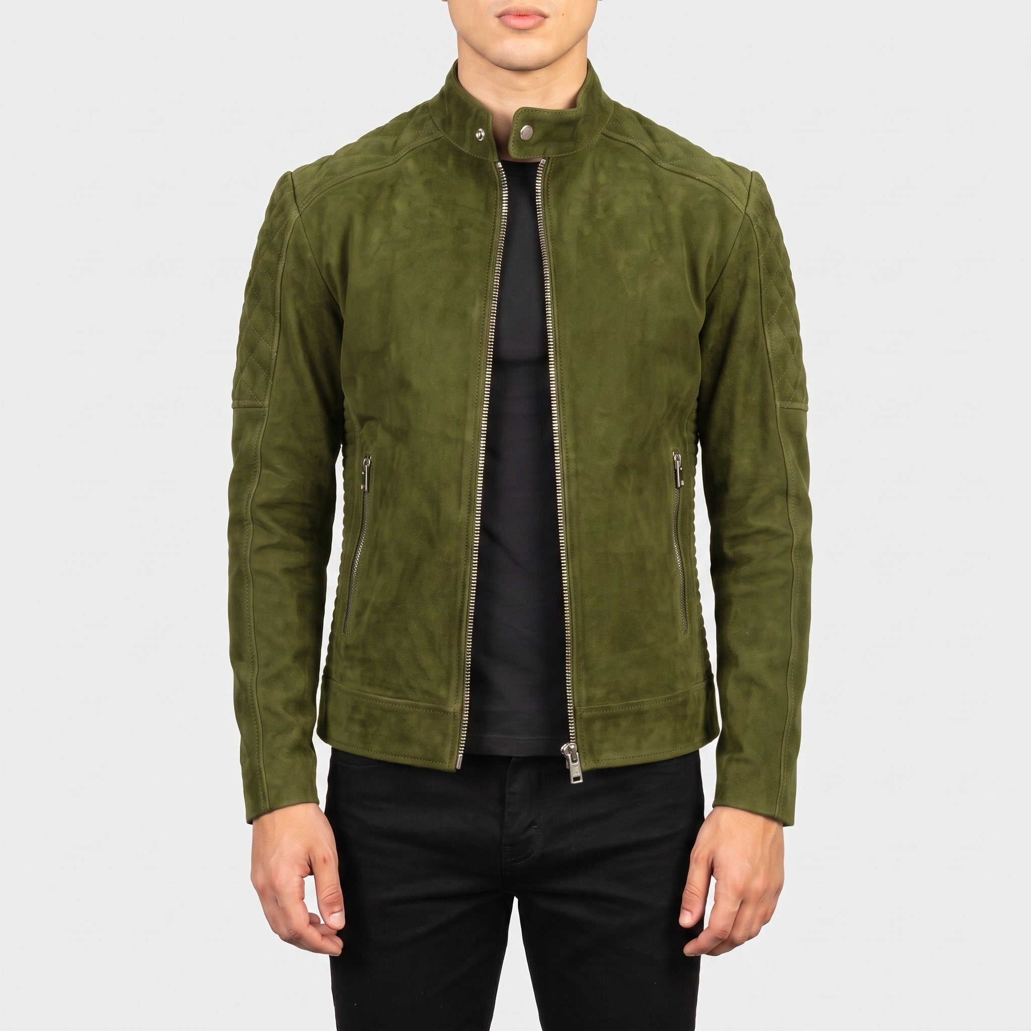 Men's Olive Green Suede Cafe Racer Jacket — Gullane