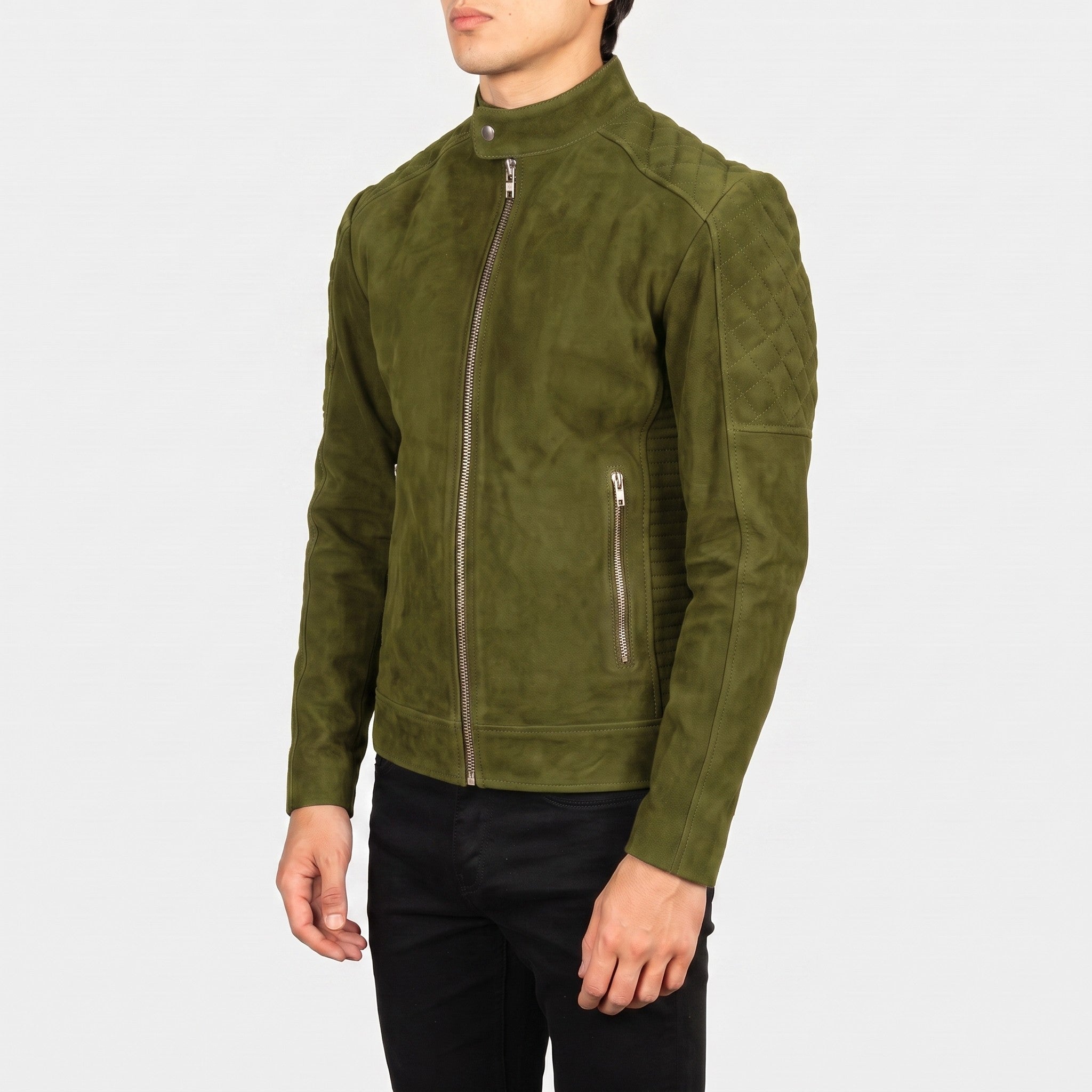 Men's Olive Green Suede Cafe Racer Jacket — Gullane
