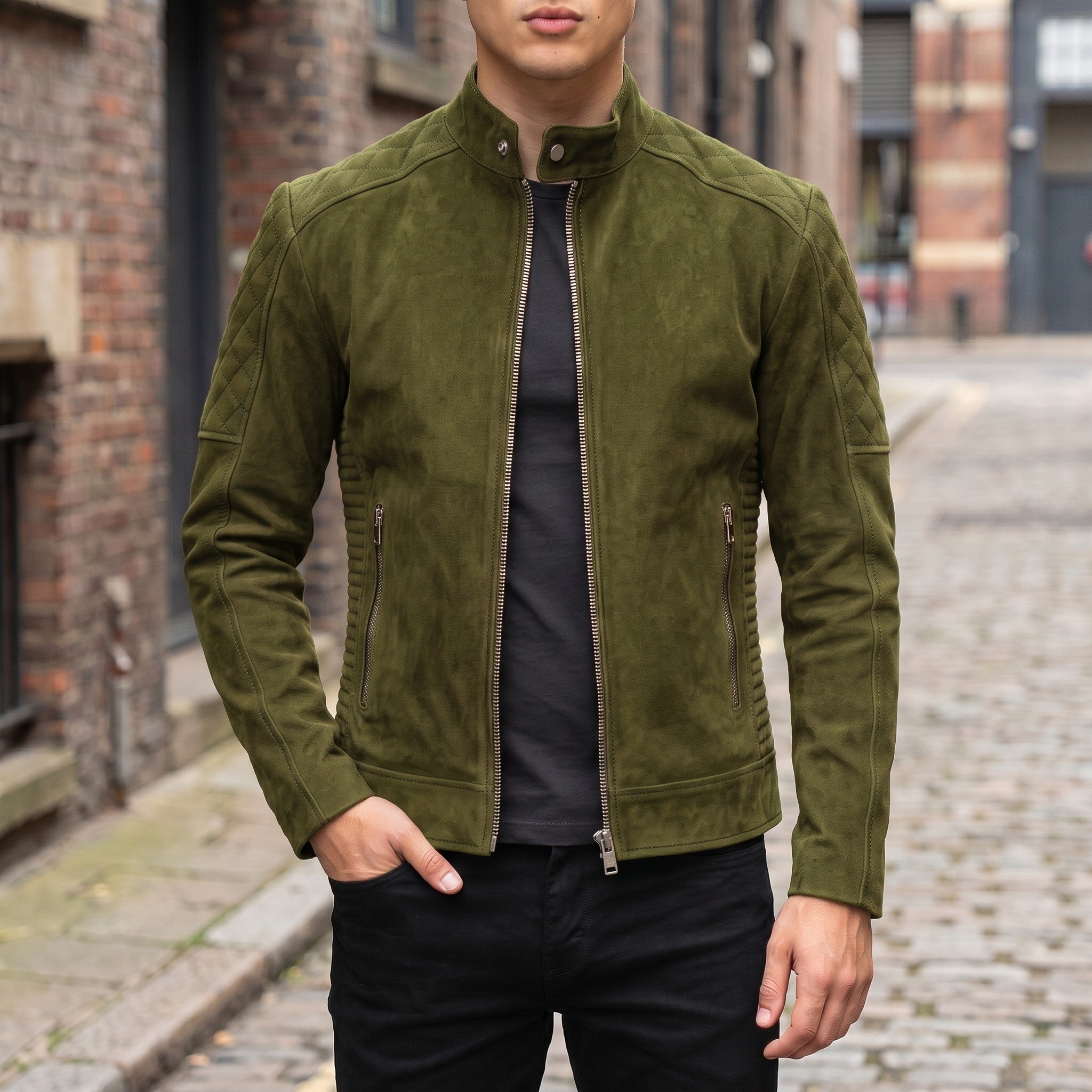 Men's Olive Green Suede Cafe Racer Jacket — Gullane