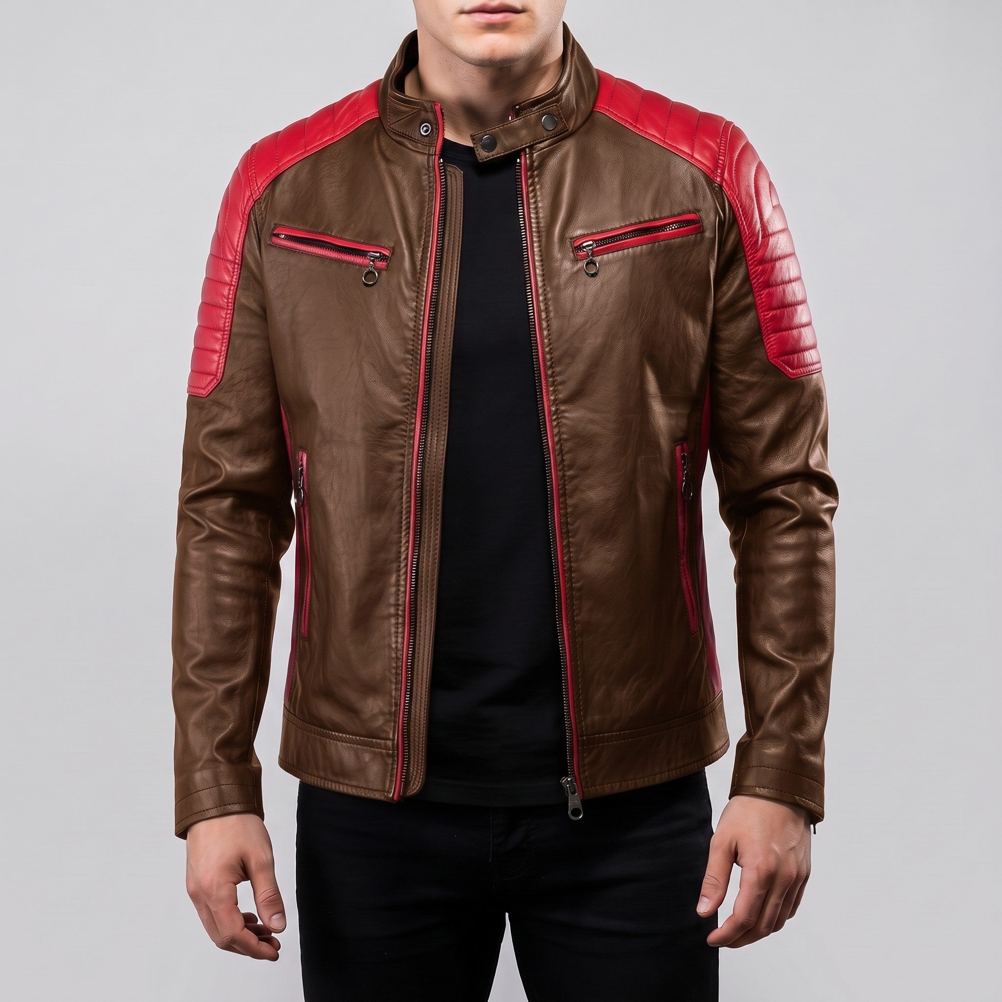 Men's Brown and Red Quilted Leather Cafe Racer Jacket — Egremont