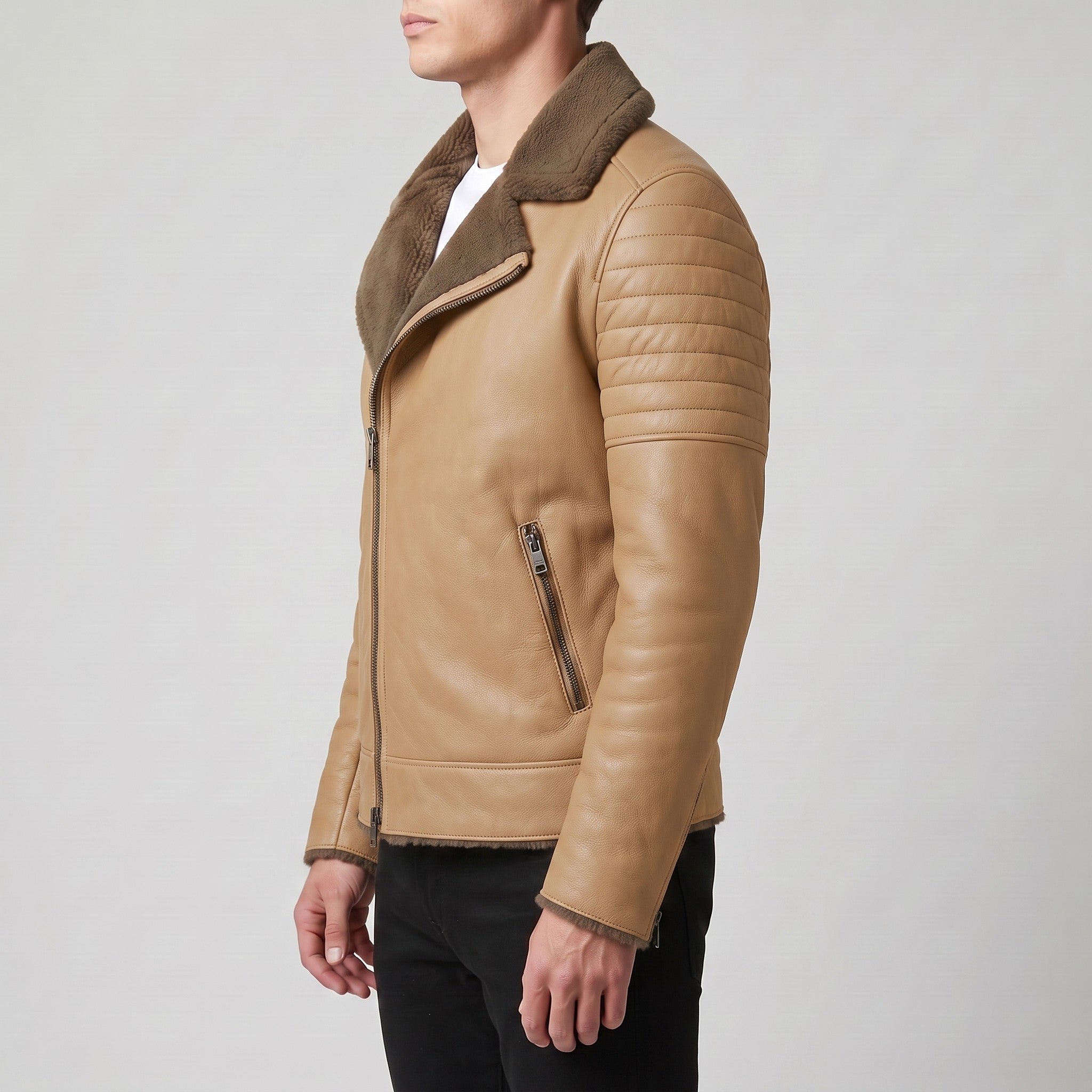 Men's Olive Green and Tan Shearling Leather Biker Jacket — Brighouse