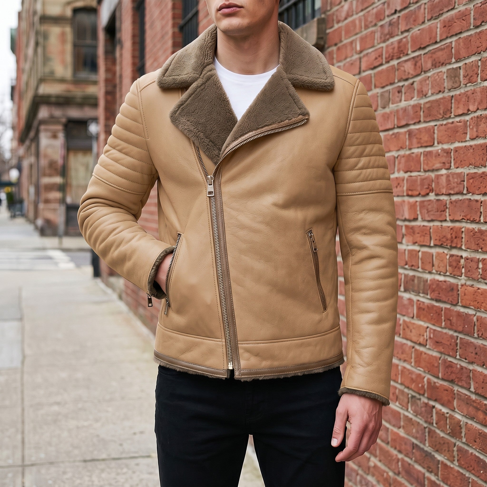 Men's Olive Green and Tan Shearling Leather Biker Jacket — Brighouse