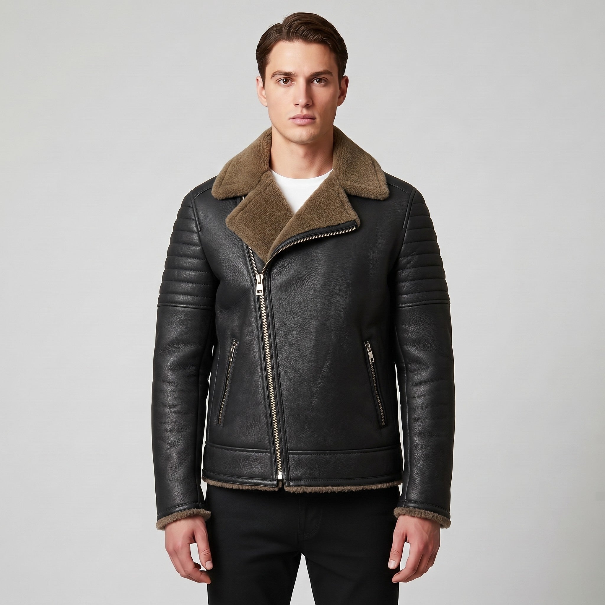 Men's Black Shearling Leather Biker Jacket — Brighouse