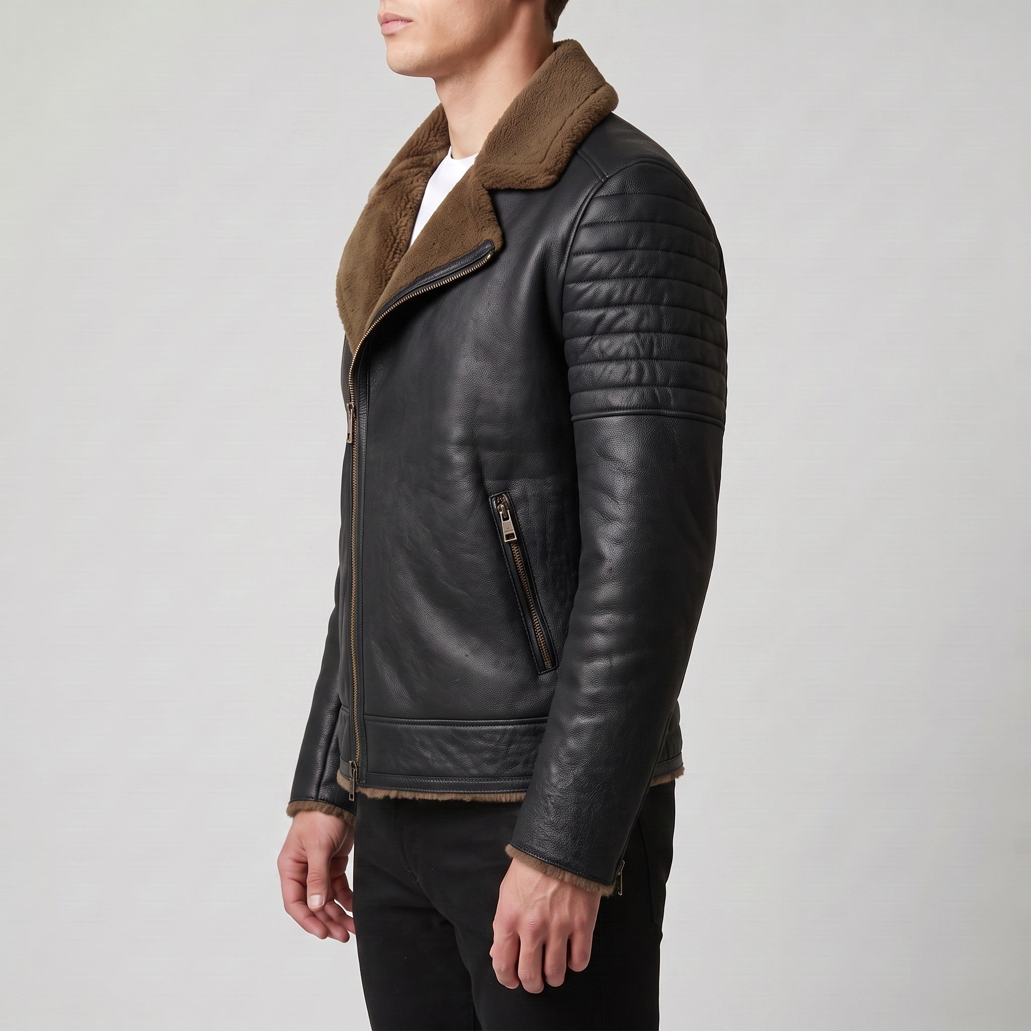 Men's Black Shearling Leather Biker Jacket — Brighouse