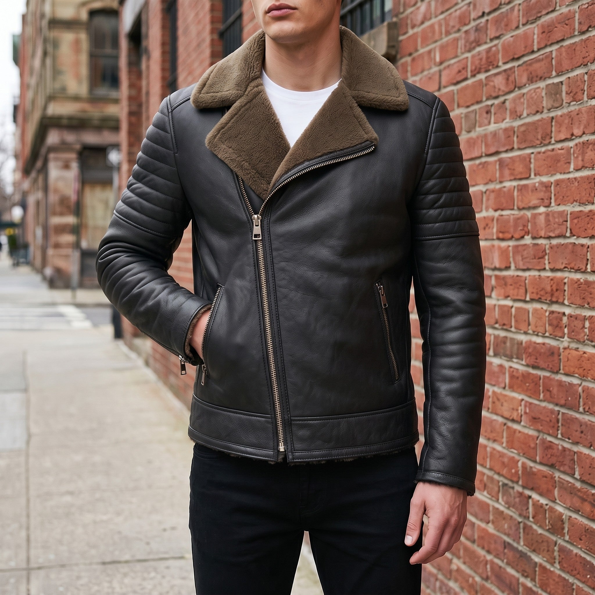 Men's Black Shearling Leather Biker Jacket — Brighouse
