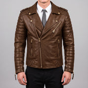 Men's Brown Quilted Pebbled Leather Perfecto Biker Jacket — Alington