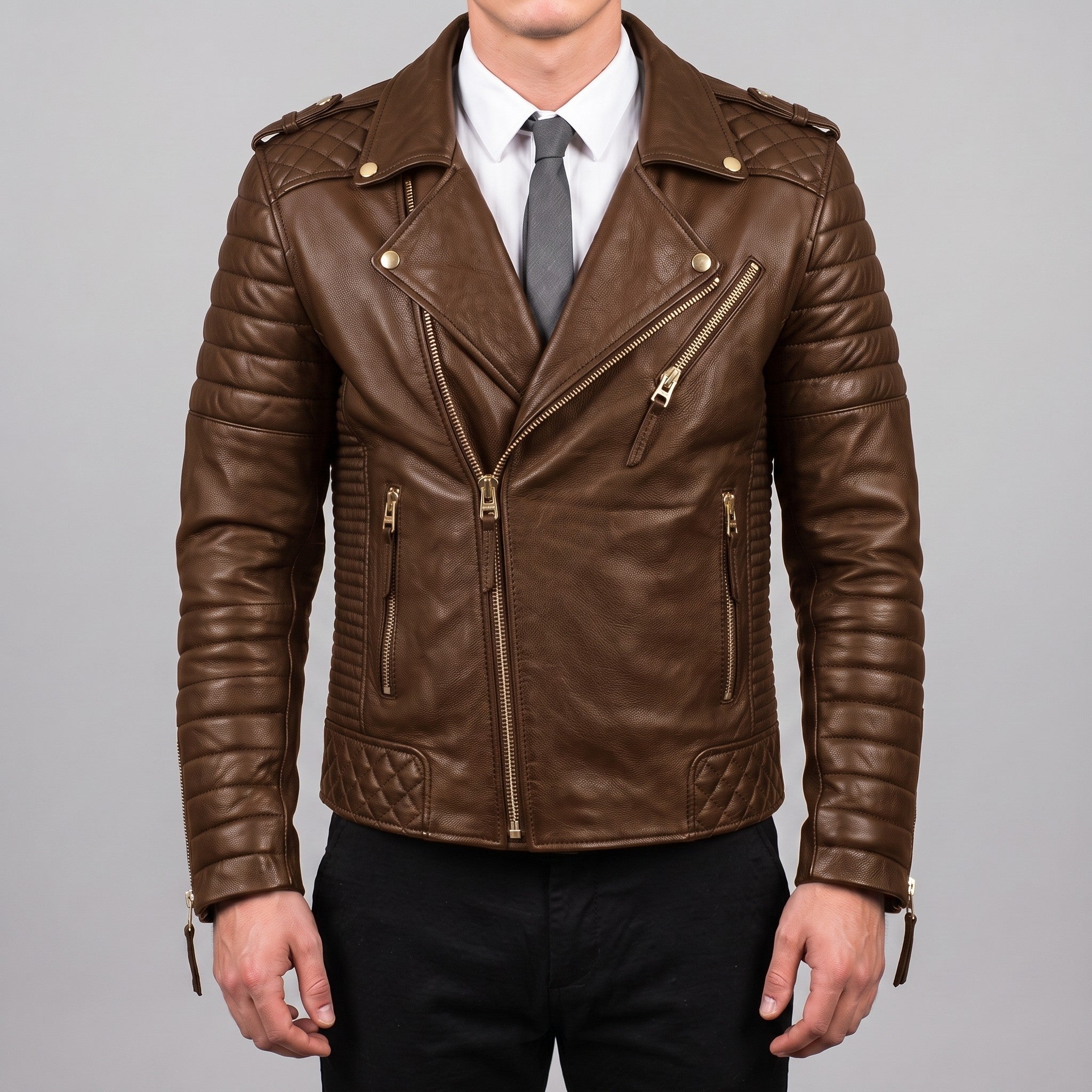 Men's Brown Quilted Pebbled Leather Perfecto Biker Jacket — Alington