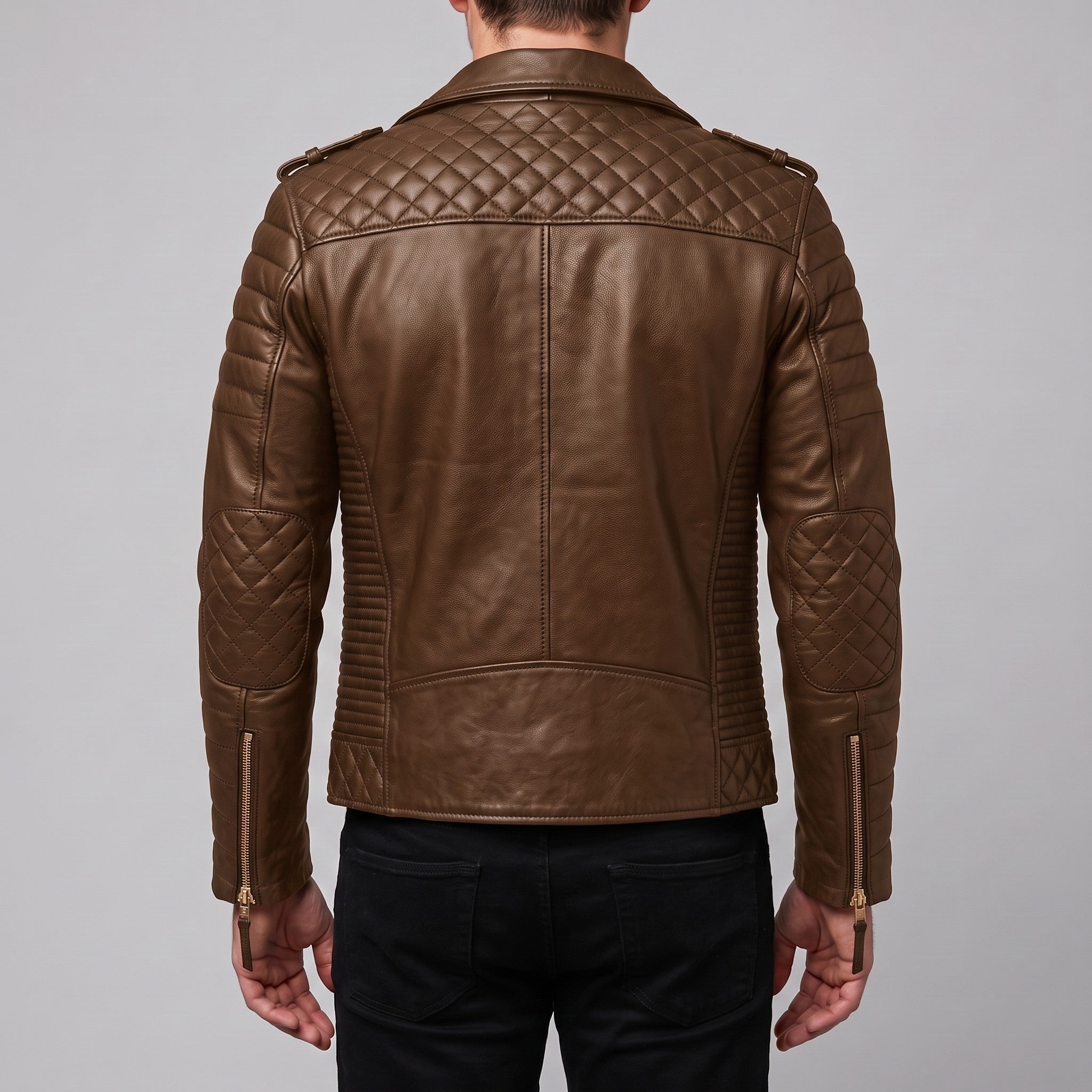 Men's Brown Quilted Pebbled Leather Perfecto Biker Jacket — Alington