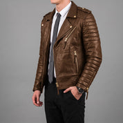 Men's Brown Quilted Pebbled Leather Perfecto Biker Jacket — Alington
