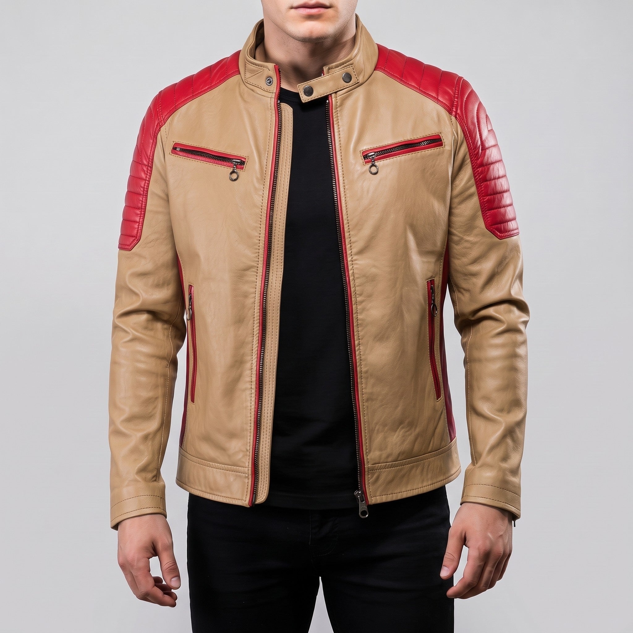 Men's Tan and Red Quilted Leather Cafe Racer Jacket — Egremont
